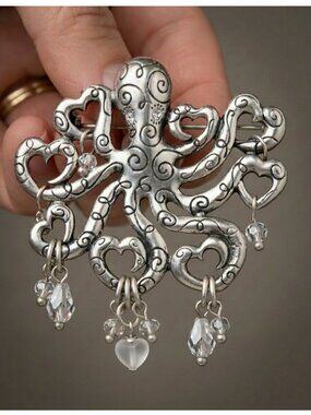 Chico’s Silver-Tone Octopus Brooch – Heart Detail Crystal Dangle Pin